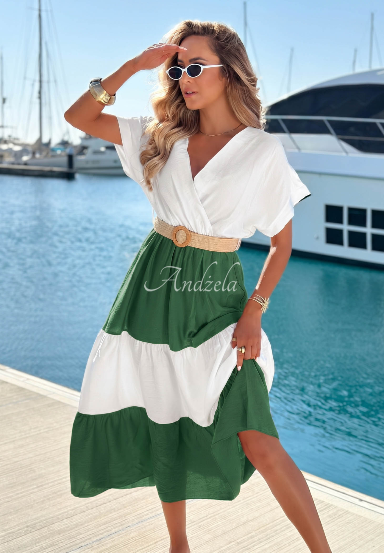 Ocean Dream white and khaki viscose midi dress with a belt