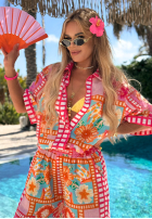 Wzorzysty komplet koszula i spodnie wide leg Sweet Paradise różowy