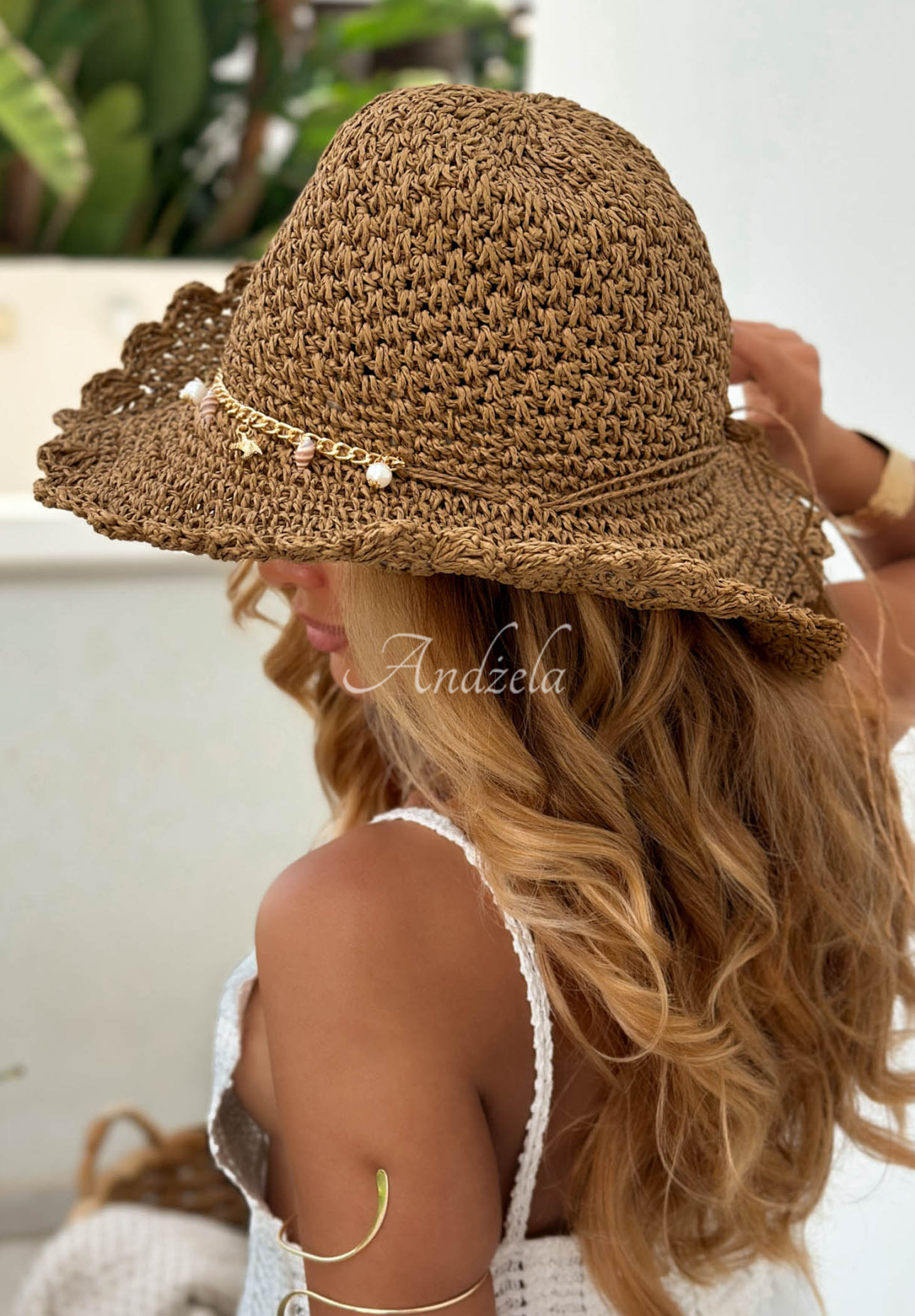 Alyssa Camel-Colored Woven Hat with Shells and Pearls 