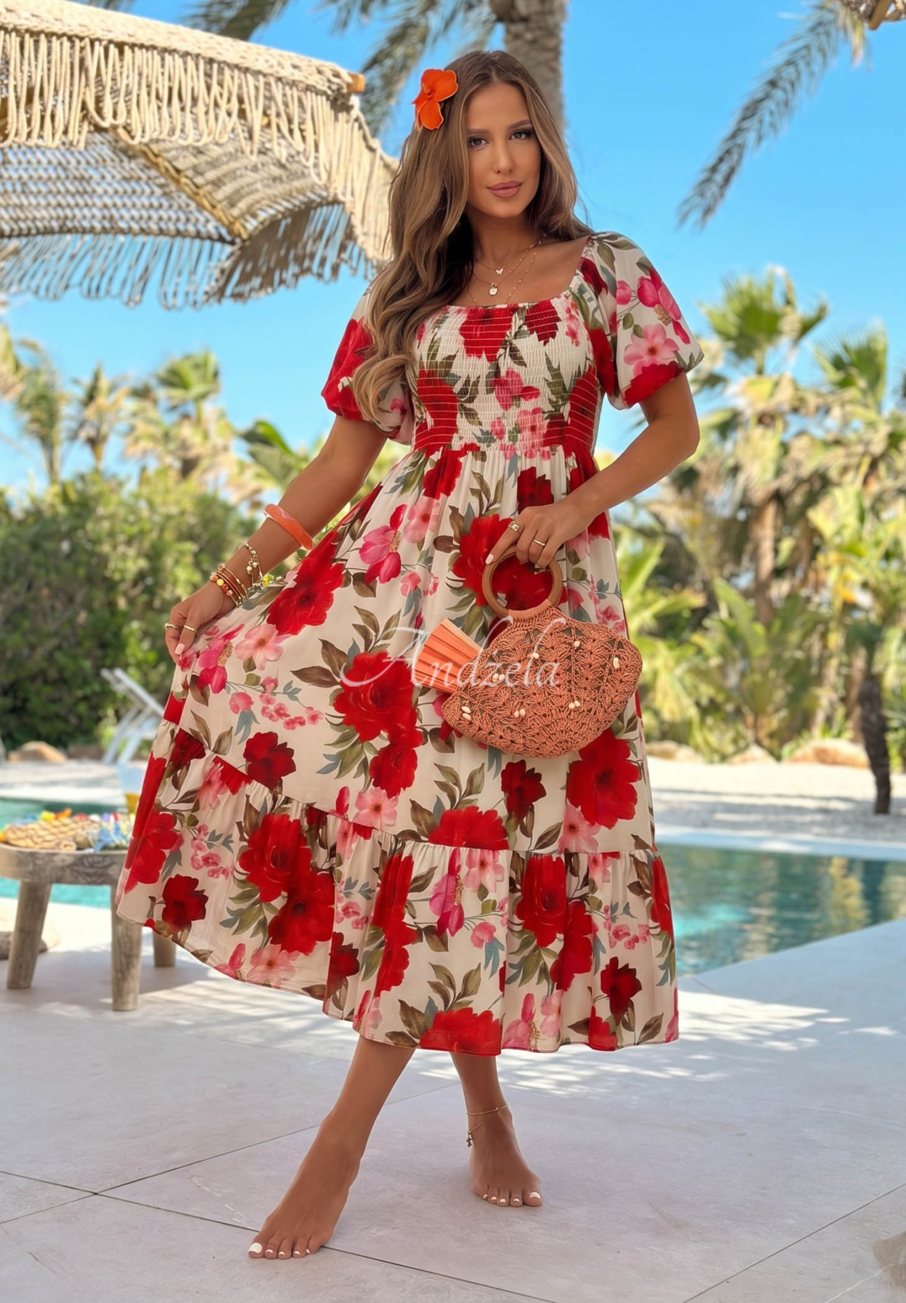 Fiore Sole Beige and Red Floral Viscose Off-the-Shoulder Maxi Dress with Ruffles