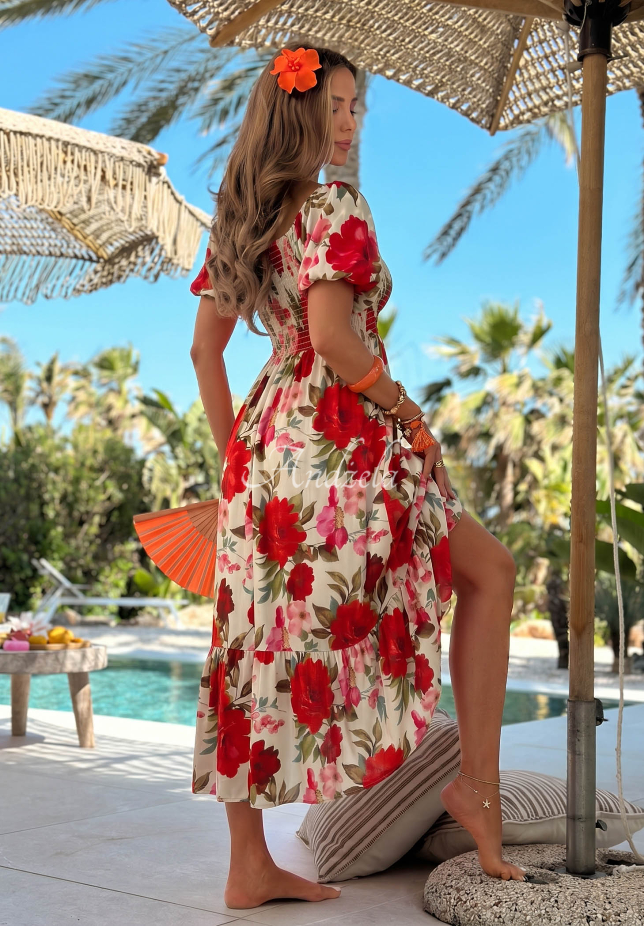 Fiore Sole Beige and Red Floral Viscose Off-the-Shoulder Maxi Dress with Ruffles