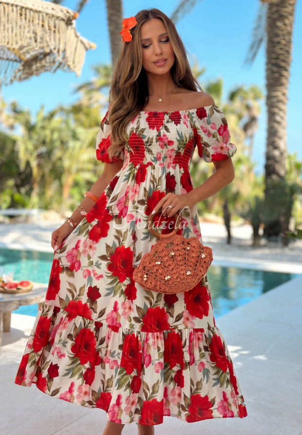 Fiore Sole Beige and Red Floral Viscose Off-the-Shoulder Maxi Dress with Ruffles