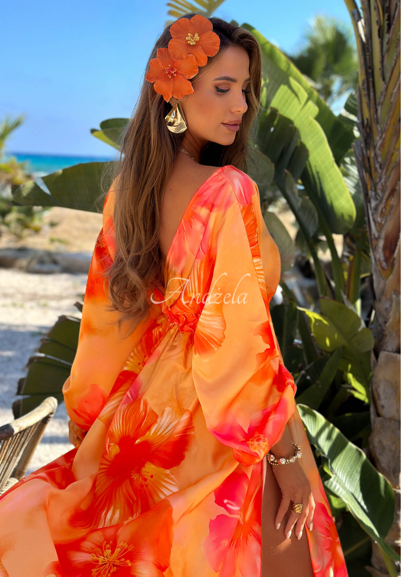 Aloha Bloom Orange Floral Long-Sleeve Maxi Dress