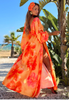 Sukienka maxi z długimi rękawami w kwiaty Aloha Bloom pomarańczowa