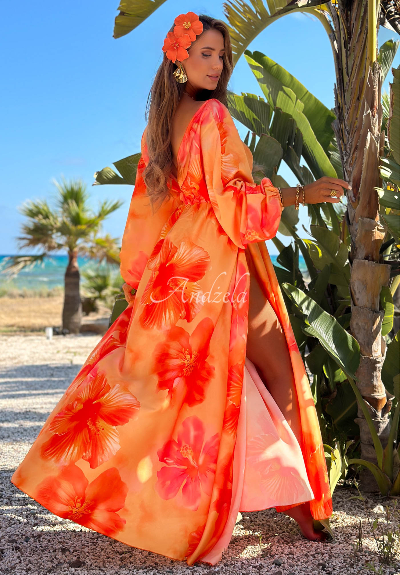 Aloha Bloom Orange Floral Long-Sleeve Maxi Dress