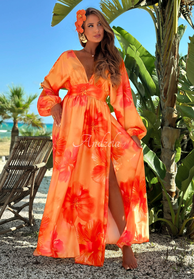 Aloha Bloom Orange Floral Long-Sleeve Maxi Dress