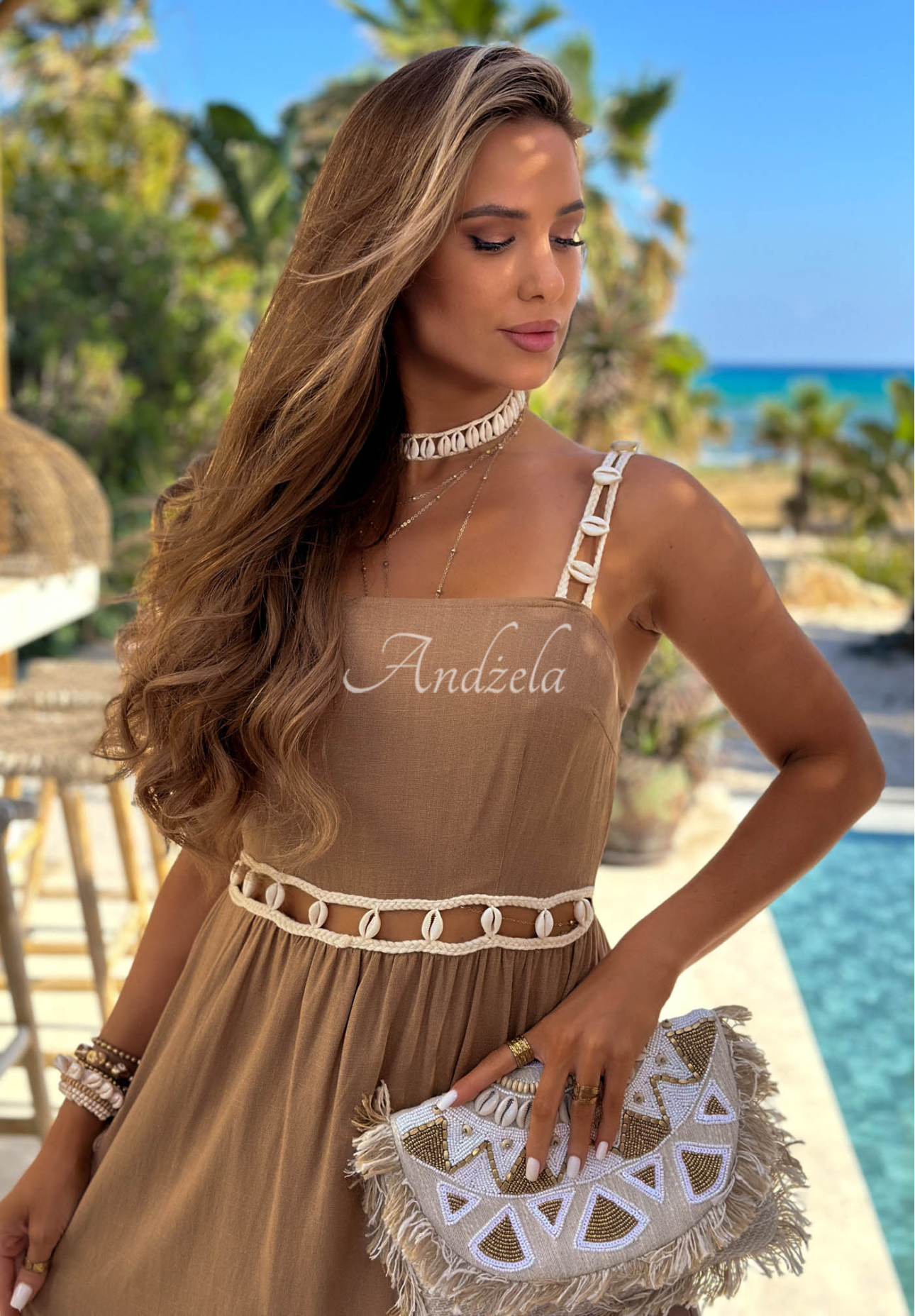 Camel-colored Golden Shell strapless dress with seashells and linen