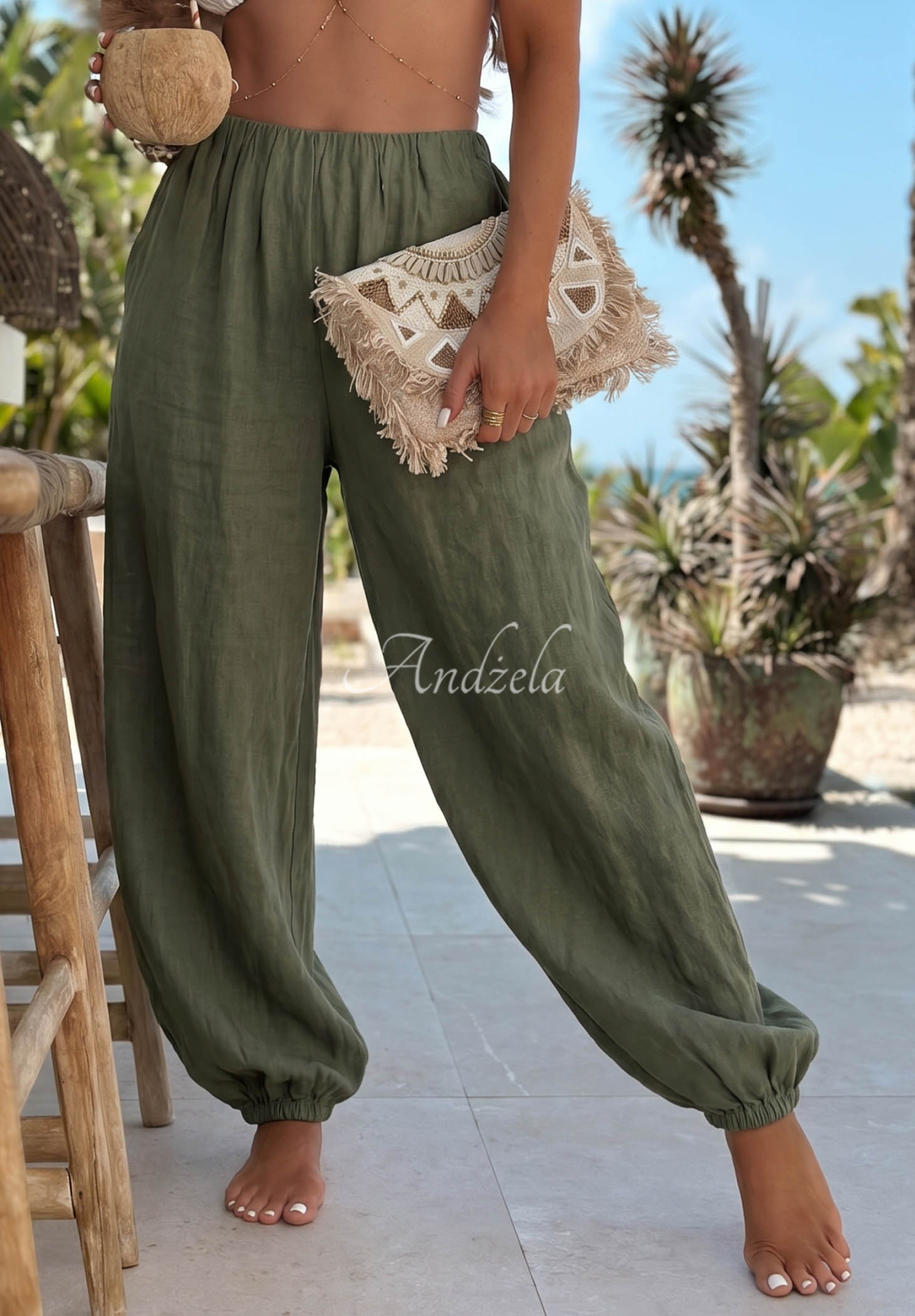 Lniane spodnie haremki ze ściągaczami Sun Outfit khaki