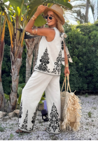 Wzorzysty komplet top i spodnie wide leg Palm Residence granatowy