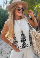 Wzorzysty komplet top i spodnie wide leg Palm Residence granatowy