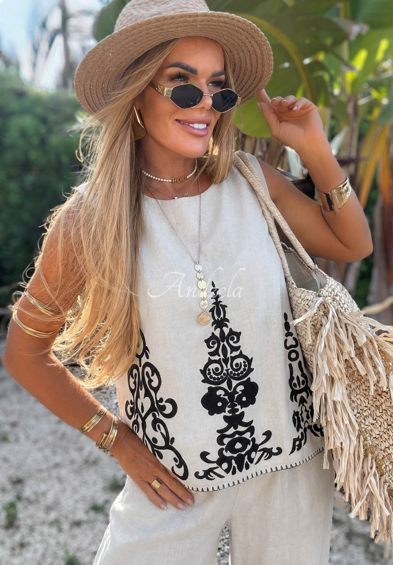 Wzorzysty komplet z bawełny top i spodnie wide leg Palm Residenc jasnoszary