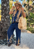Wzorzysty komplet top i spodnie wide leg Palm Residence granatowy