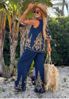 Wzorzysty komplet top i spodnie wide leg Palm Residence granatowy