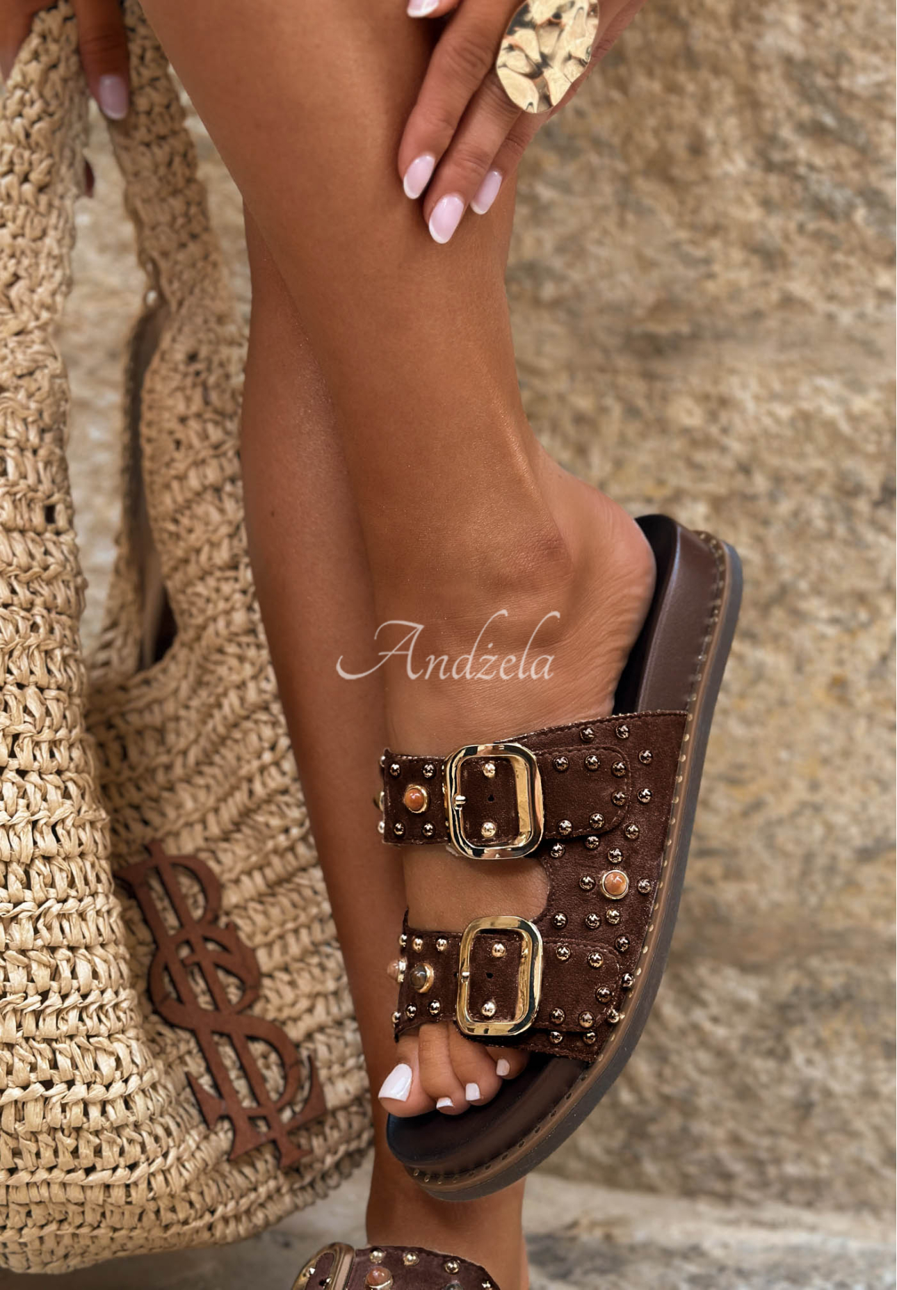 Rebella Chocolate Suede Studded Flip-Flops
