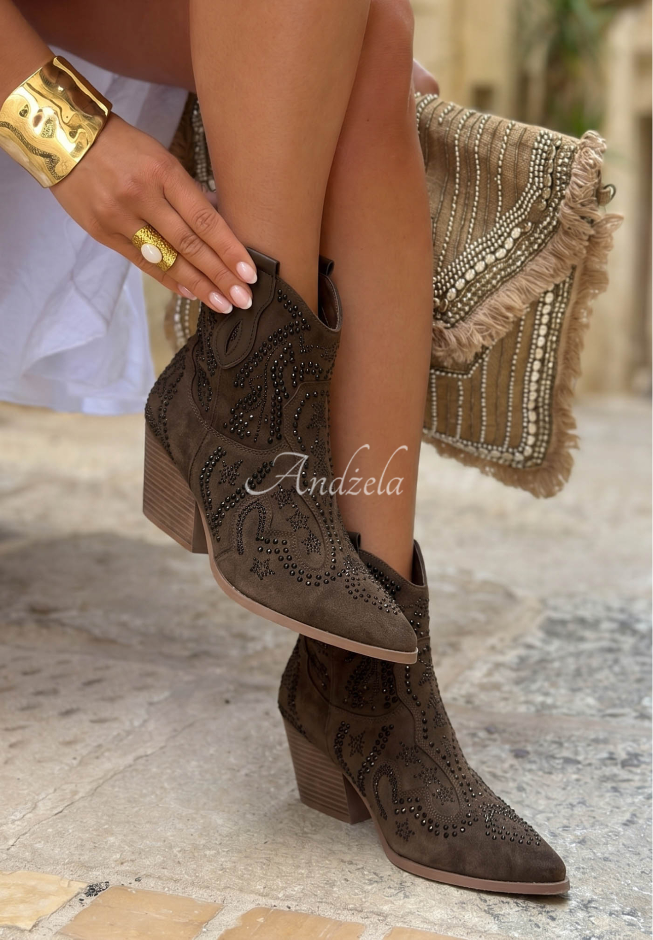 Suede cowboy boots with rhinestones Determined By You chocolate