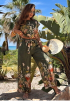 Wzorzysty komplet bluzka i spodnie wide leg Tropical Flora khaki