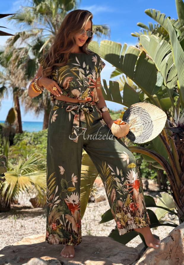 Tropical Flora khaki viscose patterned set featuring a blouse and wide-leg pants