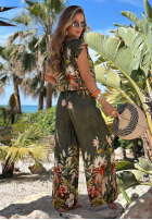 Wzorzysty komplet bluzka i spodnie wide leg Tropical Flora khaki