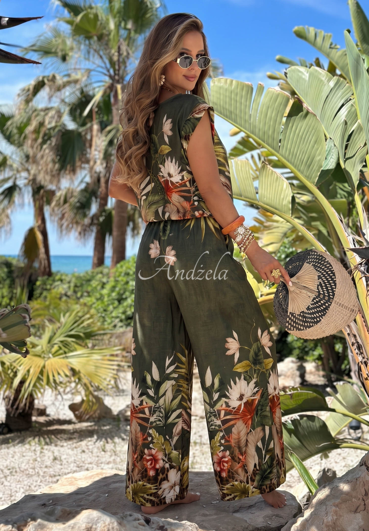 Tropical Flora khaki viscose patterned set featuring a blouse and wide-leg pants
