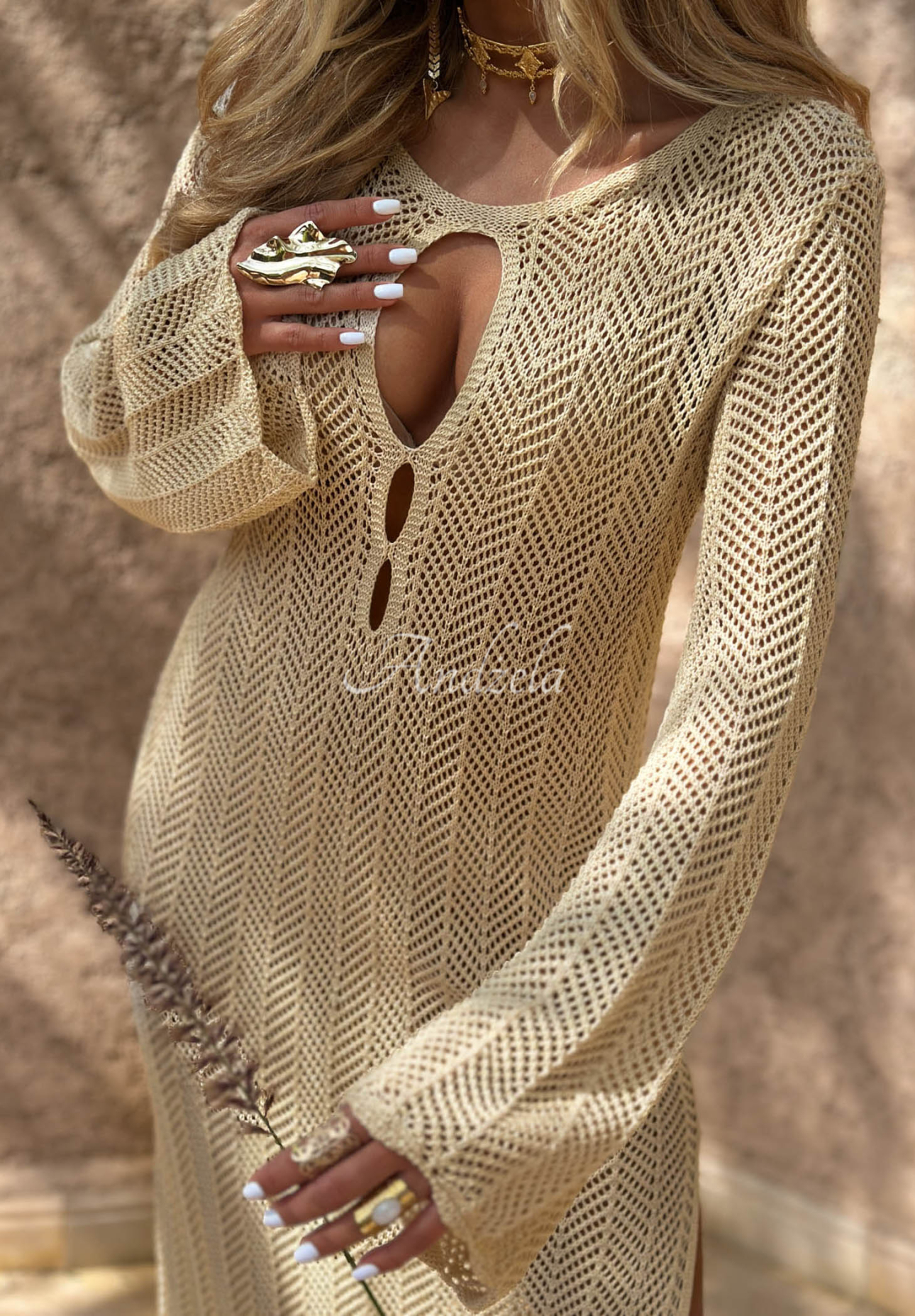 Ażurowa sukienka maxi boho Morocco by Jaqueline beżowa