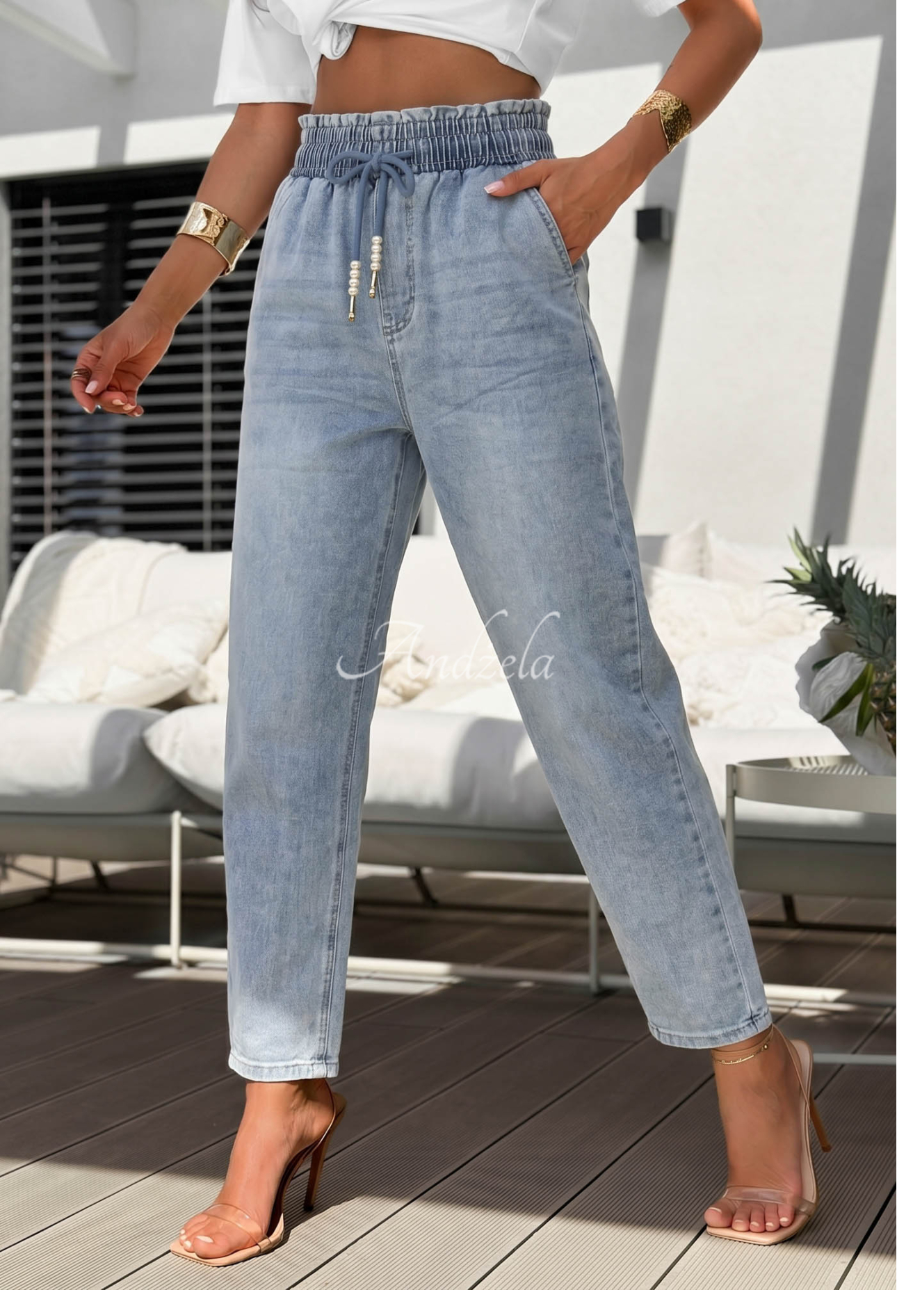 Meet Me Again Blue Balloon-Style Denim Pants with an Elastic Waistband