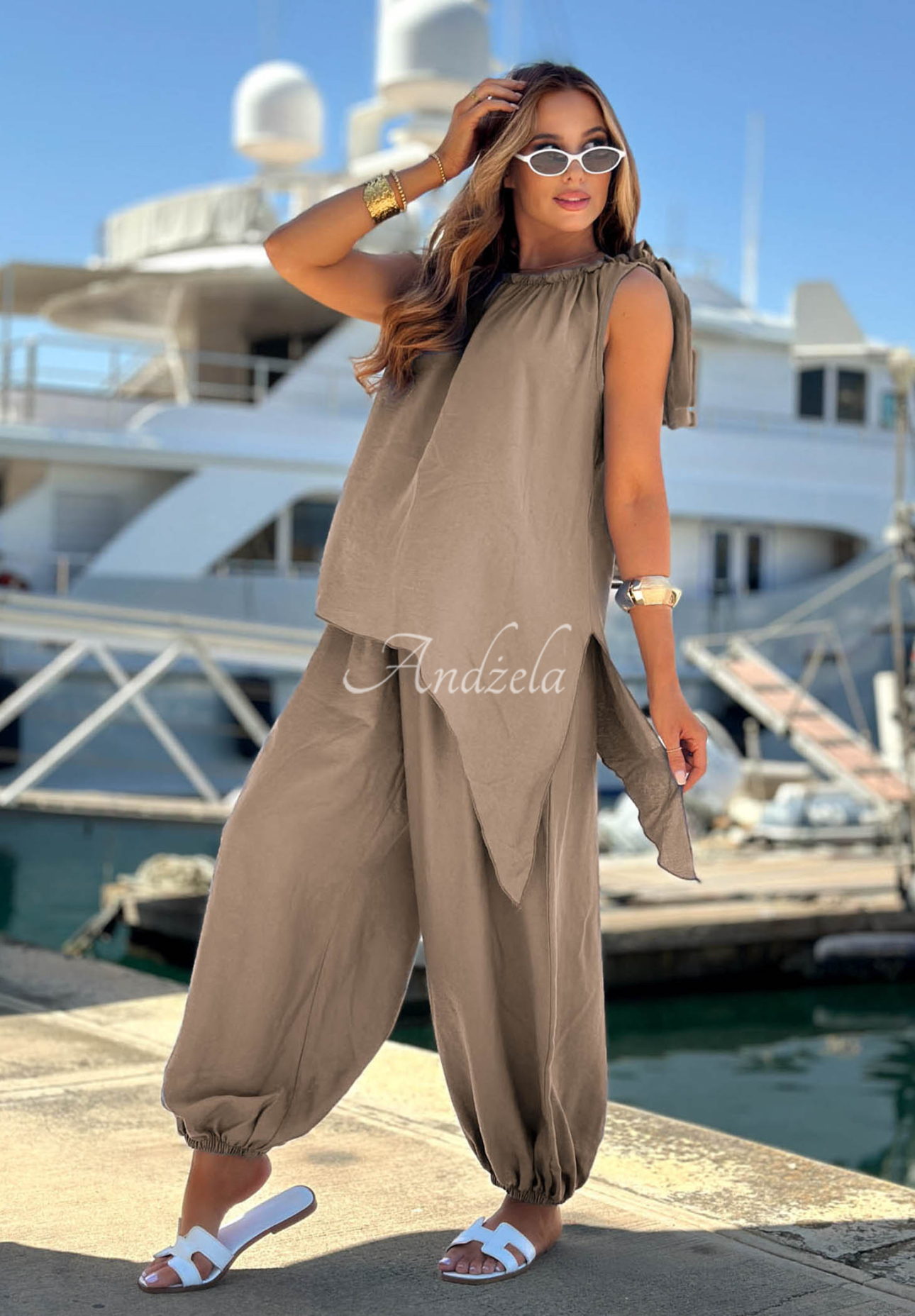 Sun Flame mocha viscose blouse and jogger pants set