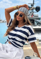 Bawełniany t-shirt z dekoltem w paski Summer Lemonade biało-granatowy