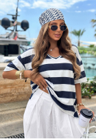 Bawełniany t-shirt z dekoltem w paski Summer Lemonade biało-granatowy