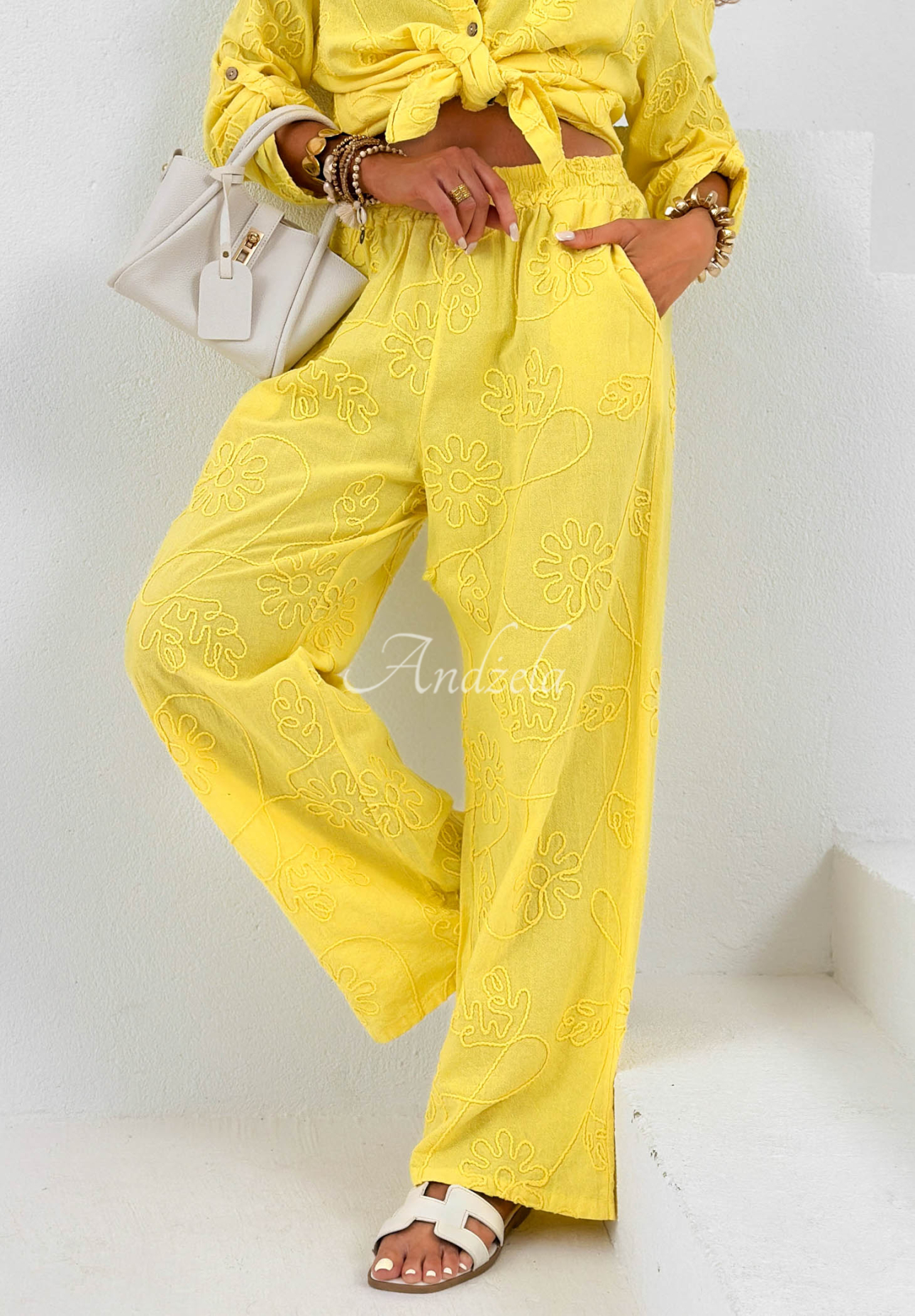 Seraphelle Yellow Embroidered Linen Shirt and Pants Set
