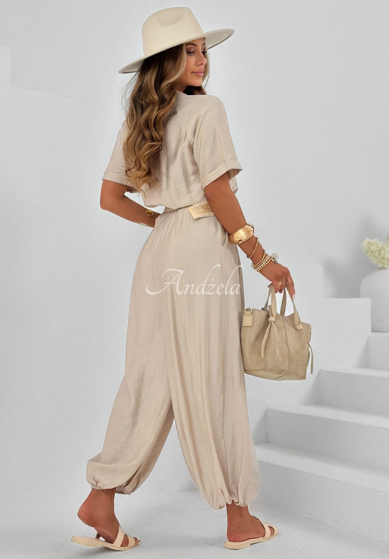 Ocean Sun Long Beige Viscose Jumpsuit with Belt