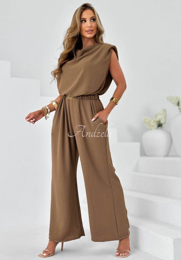Long jumpsuit with a belt, made of viscose, by Sun Moment, in mocha