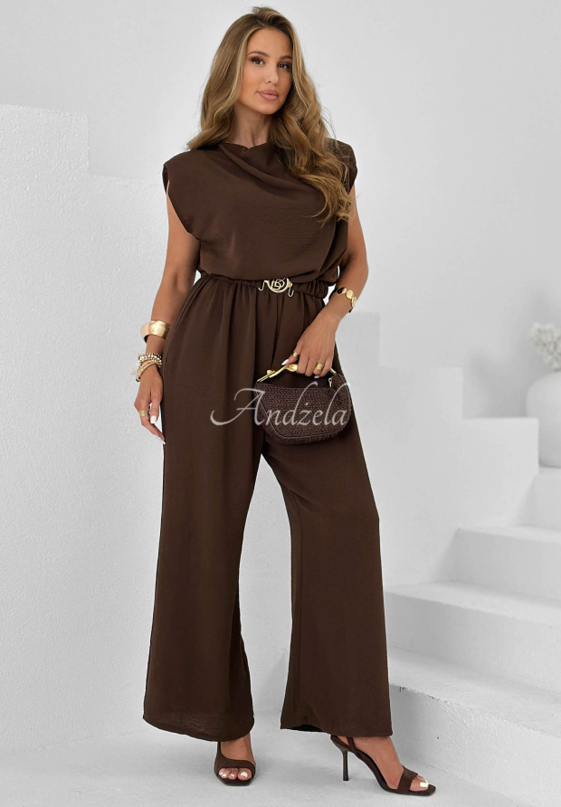 Sun Moment Long Jumpsuit with Belt in Chocolate Brown (Viscose)