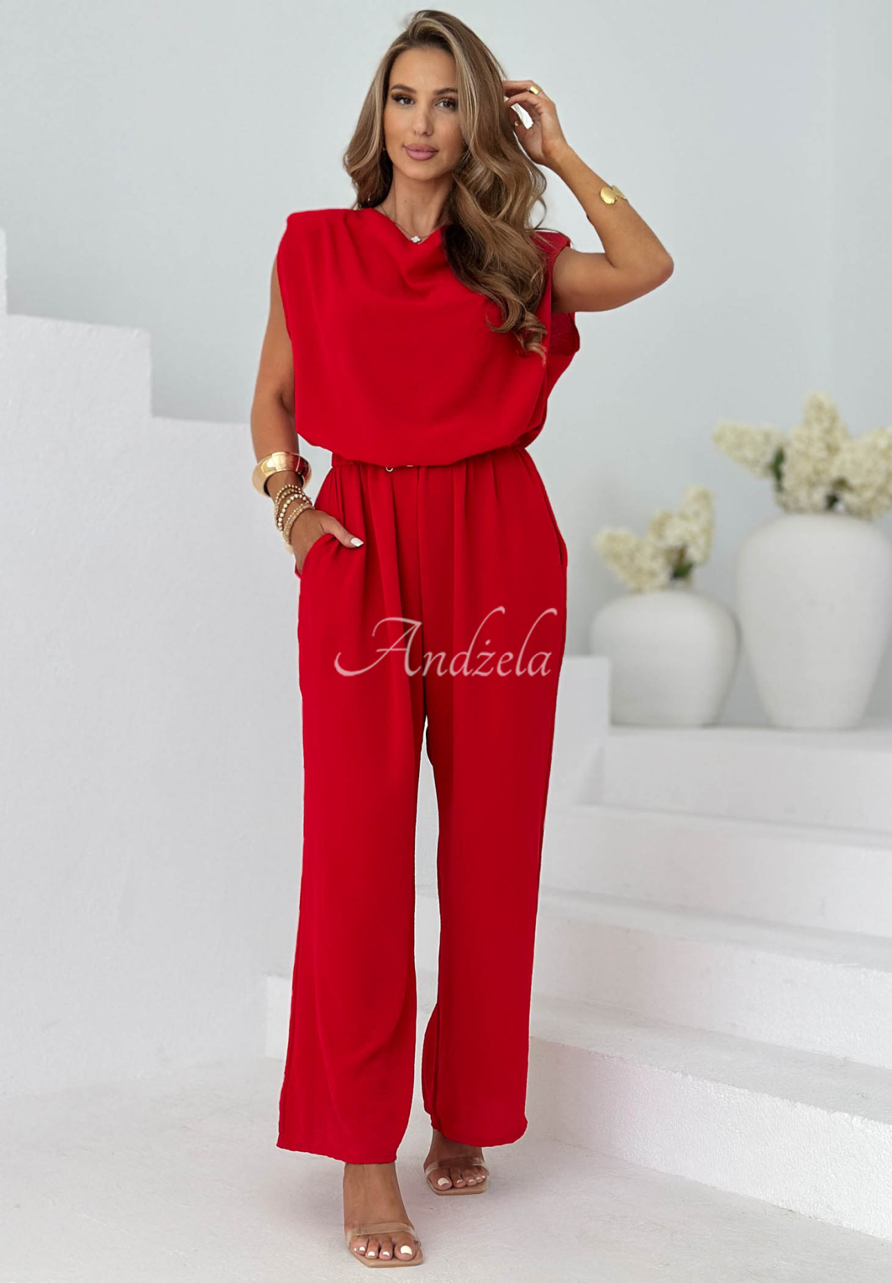 Sun Moment Long Jumpsuit with Belt (Viscose), Red
