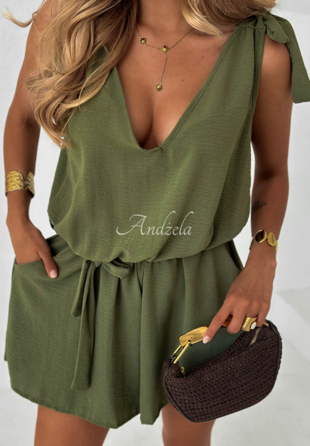 Lanai Sun Short Khaki Viscose Jumpsuit with Tie-Back Straps