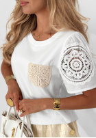 T-shirt z koronką i kieszonką Tropical Pearl biały