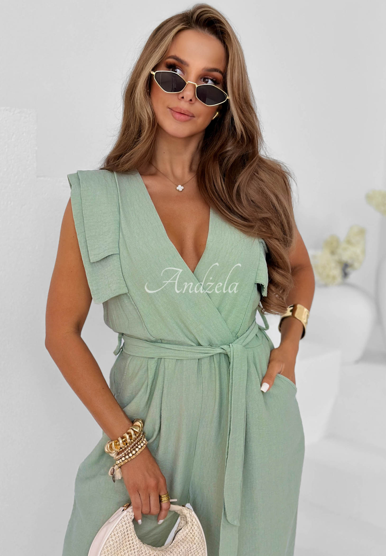 Długi kombinezon wide leg z paskiem Warm Sands khaki