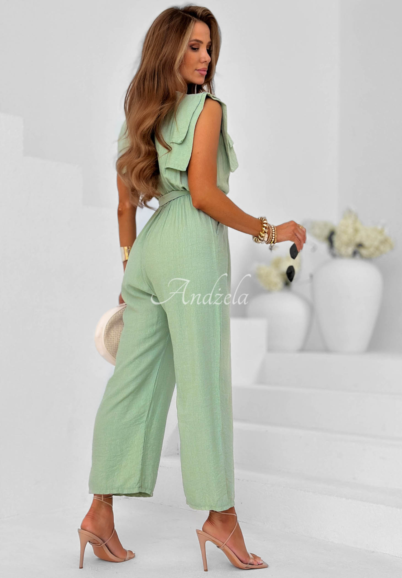 Long viscose wide-leg jumpsuit with a belt in Warm Sands pistachio