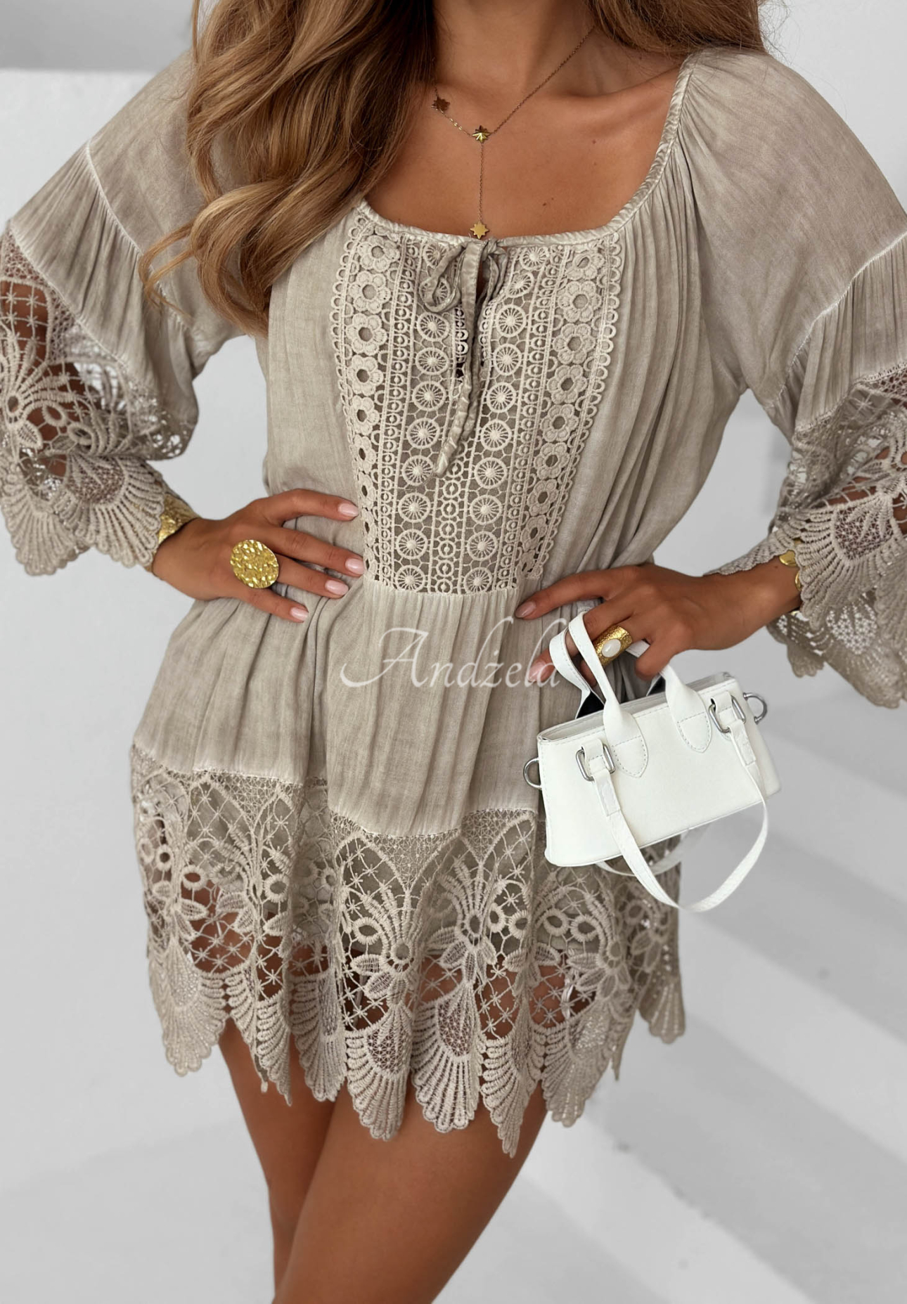 Sunny Lagoon Beige Boho Lace Viscose Tunic Blouse
