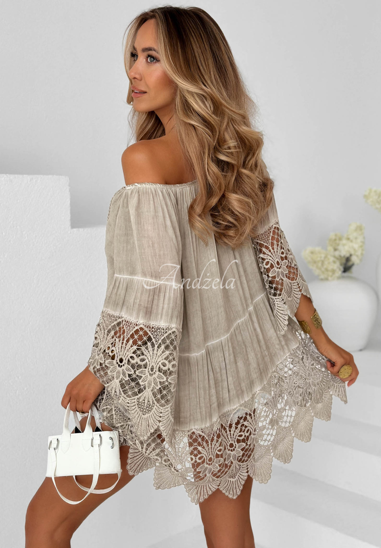 Wiskozowa Blouse Tunic z koronką boho Sunny Lagoon beige