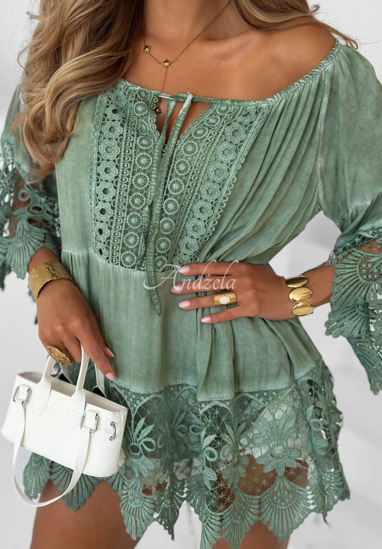 Blouse Tunic z koronką boho Sunny Lagoon pistachio green
