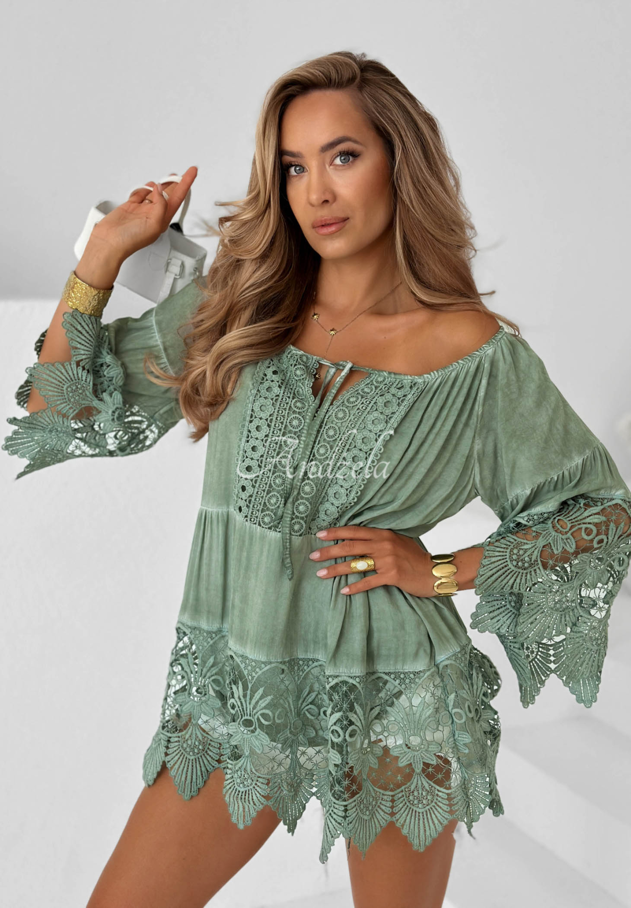 Viscose boho-style tunic blouse with lace, Sunny Lagoon pistachio