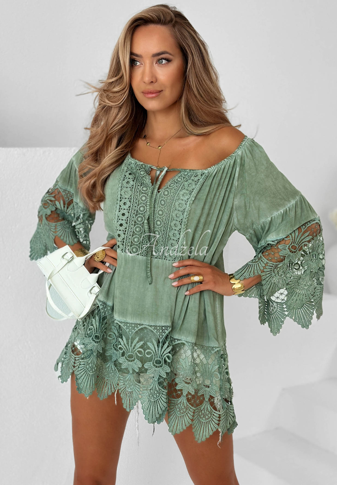 Wiskozowa bluzka tunika z koronką boho Sunny Lagoon pistacjowa