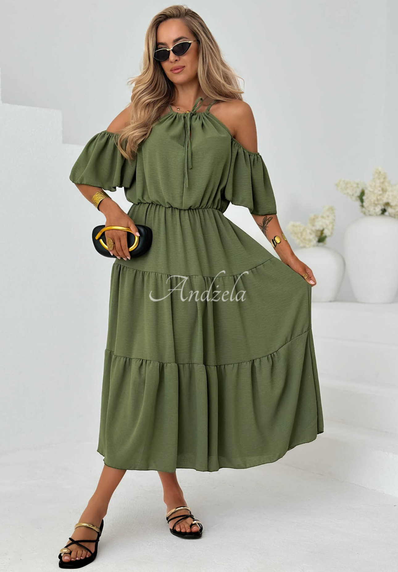 Soleil Days Olive-Green Viscose Midi Dress with Ruffles and Off-the-Shoulder Design