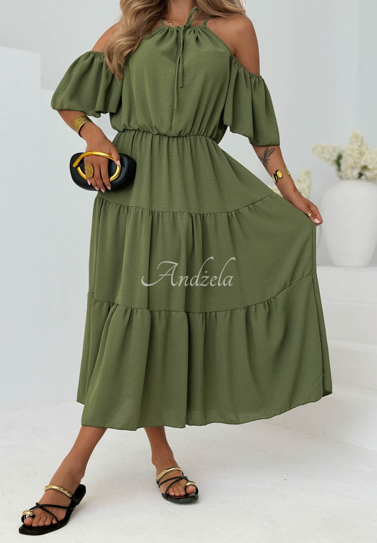 Soleil Days Olive-Green Viscose Midi Dress with Ruffles and Off-the-Shoulder Design
