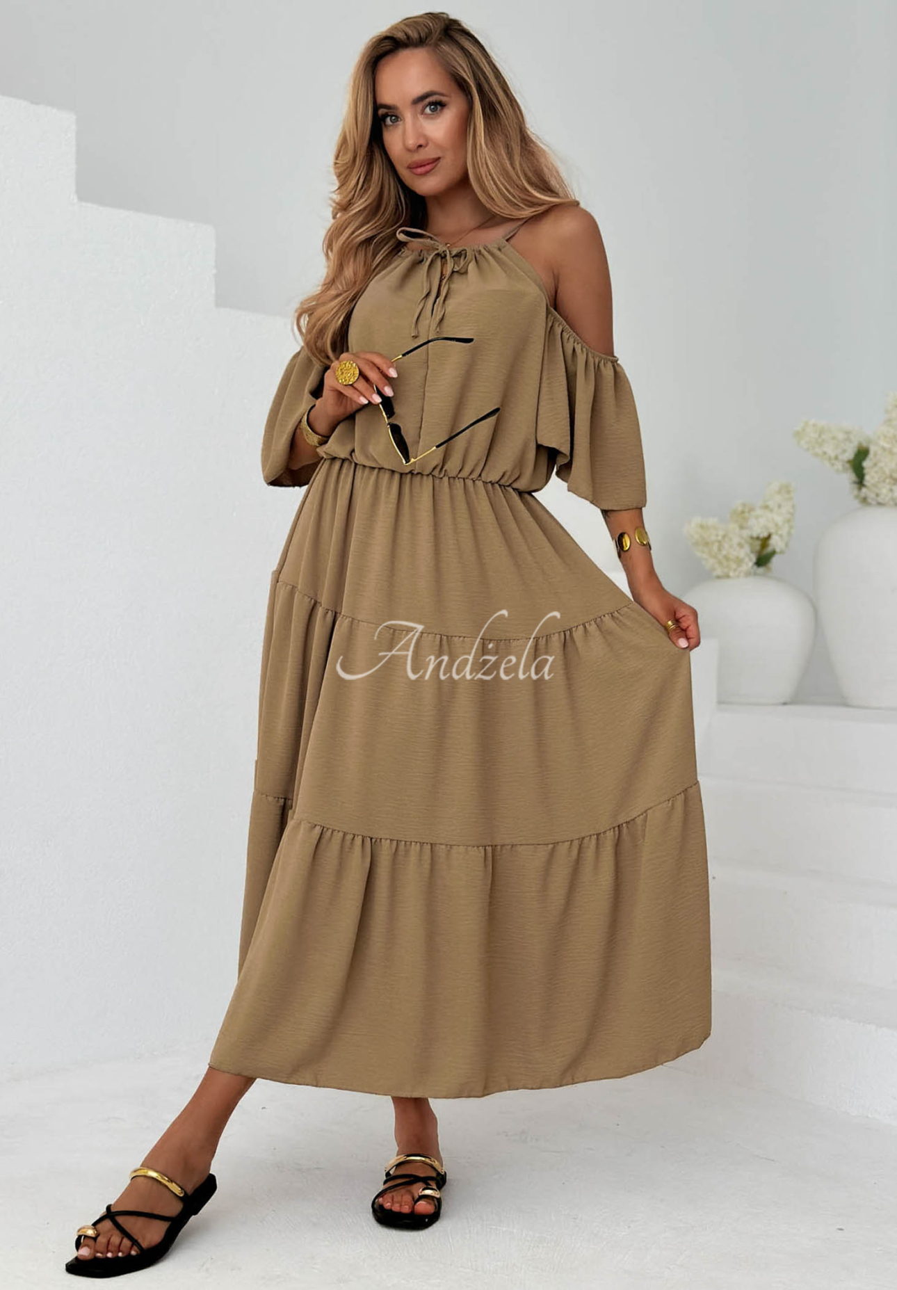 Soleil Days Camel Viscose Midi Dress with Ruffles and Off-the-Shoulder Design