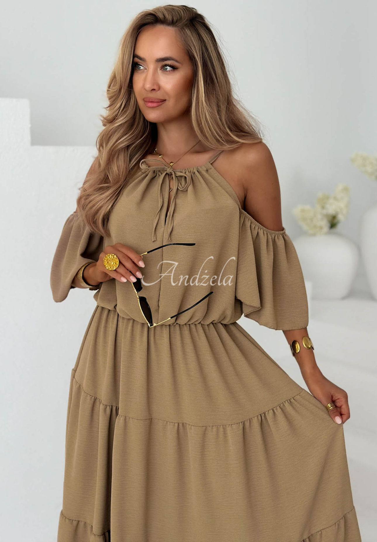 Soleil Days Camel Viscose Midi Dress with Ruffles and Off-the-Shoulder Design