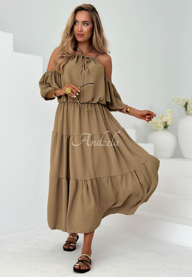 Soleil Days Camel Viscose Midi Dress with Ruffles and Off-the-Shoulder Design