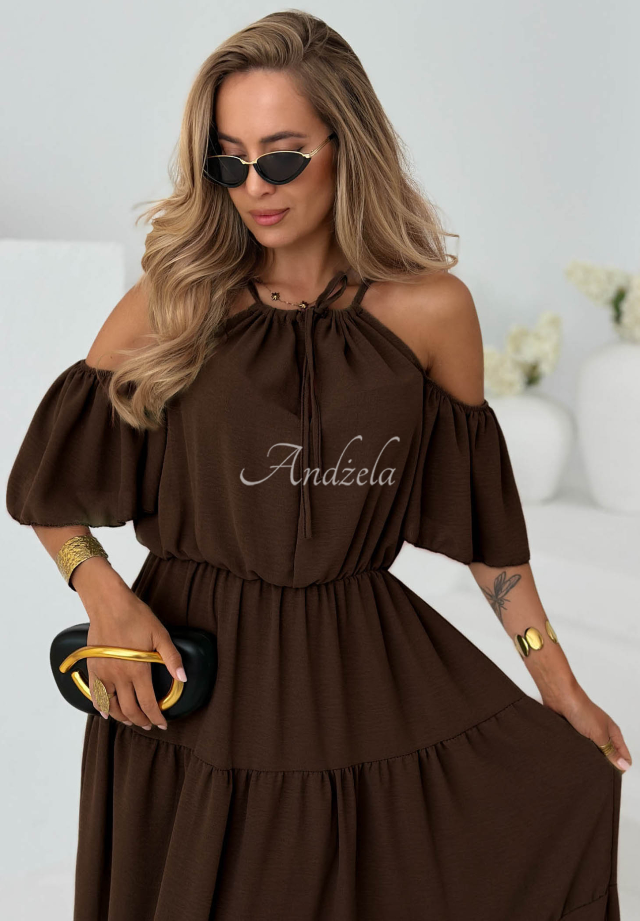 Soleil Days Chocolate-Colored Viscose Midi Dress with Ruffles and Off-the-Shoulder Design