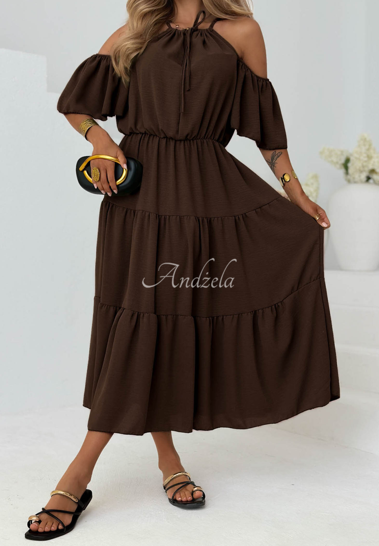 Soleil Days Chocolate-Colored Viscose Midi Dress with Ruffles and Off-the-Shoulder Design