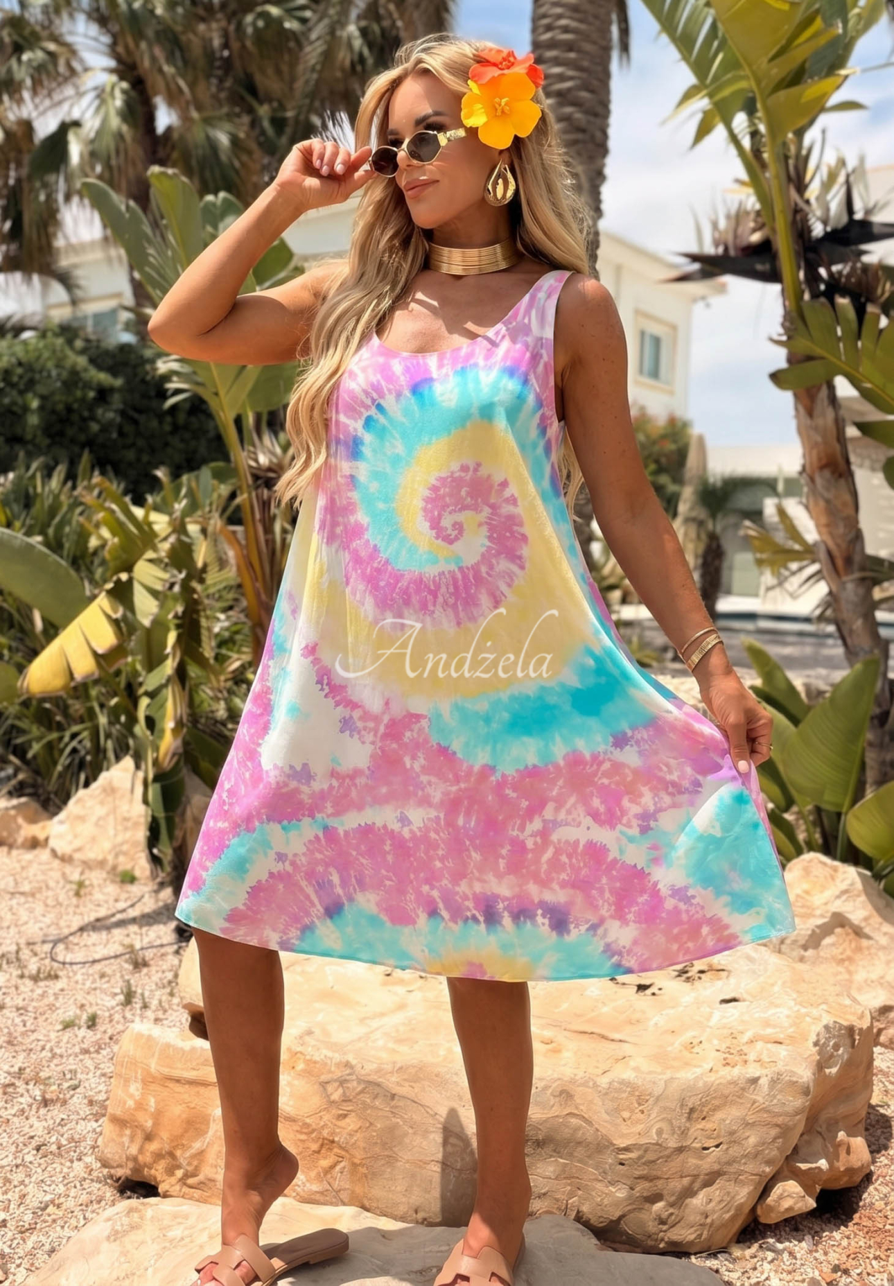 Wiskozowa sukienka tunika mini na ramiączkach tie dye Pastel Tropics błękitno-różowa